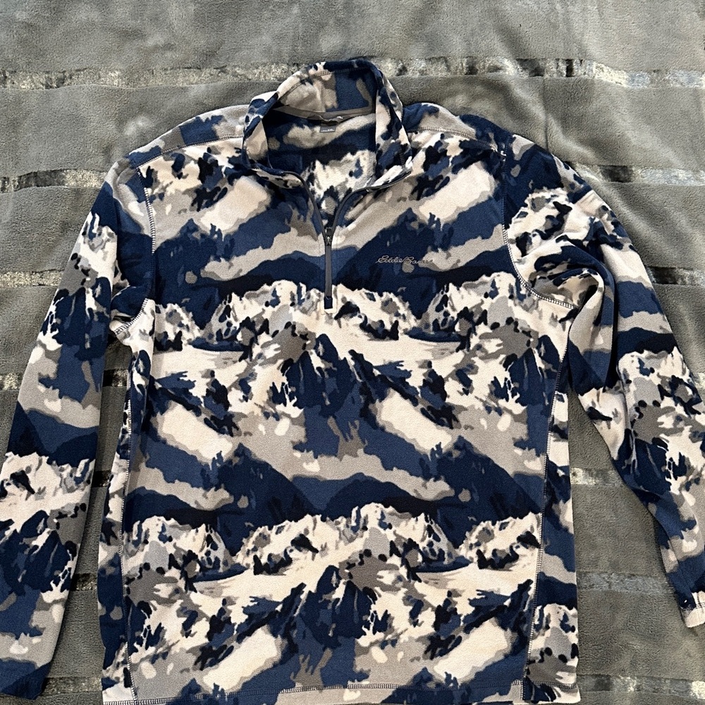 Eddie Bauer TXL Blue and Gray Mountain 🏔️ Camouflage Quarter Zip Fleece Pullover